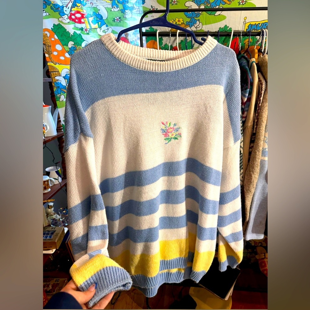 Vintage Cabin Creek Blue, Yellow, and Cream Striped Knit Sweater